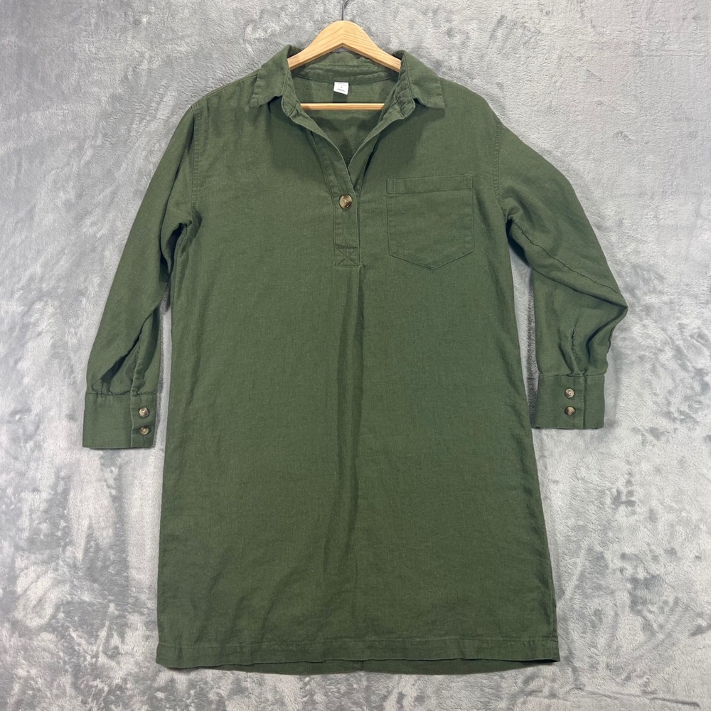 Old Navy Shirt Dress Womens Small Green Linen Blend Long Sleeve Minimalist Olive